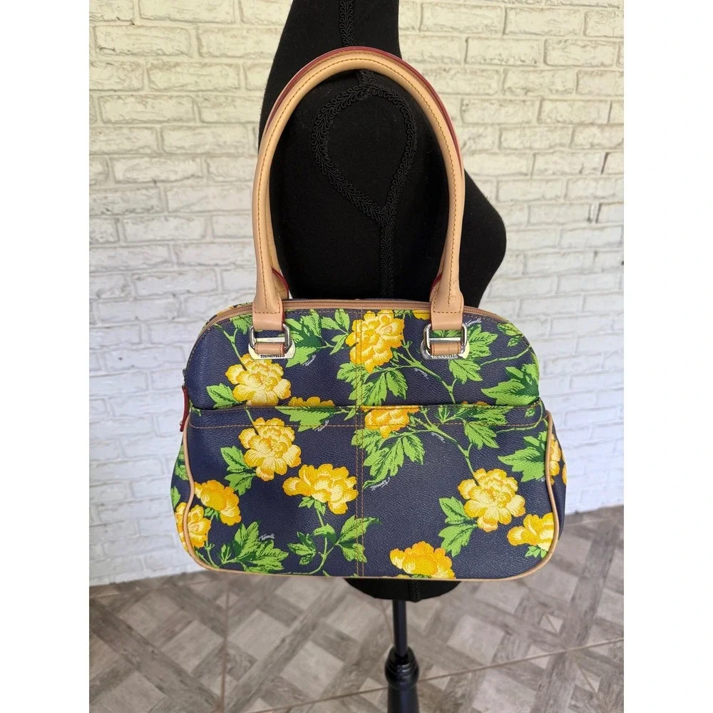Tignanello Bed‎ of Roses Floral Satchel Handbag Purse Navy Yellow Flower Print